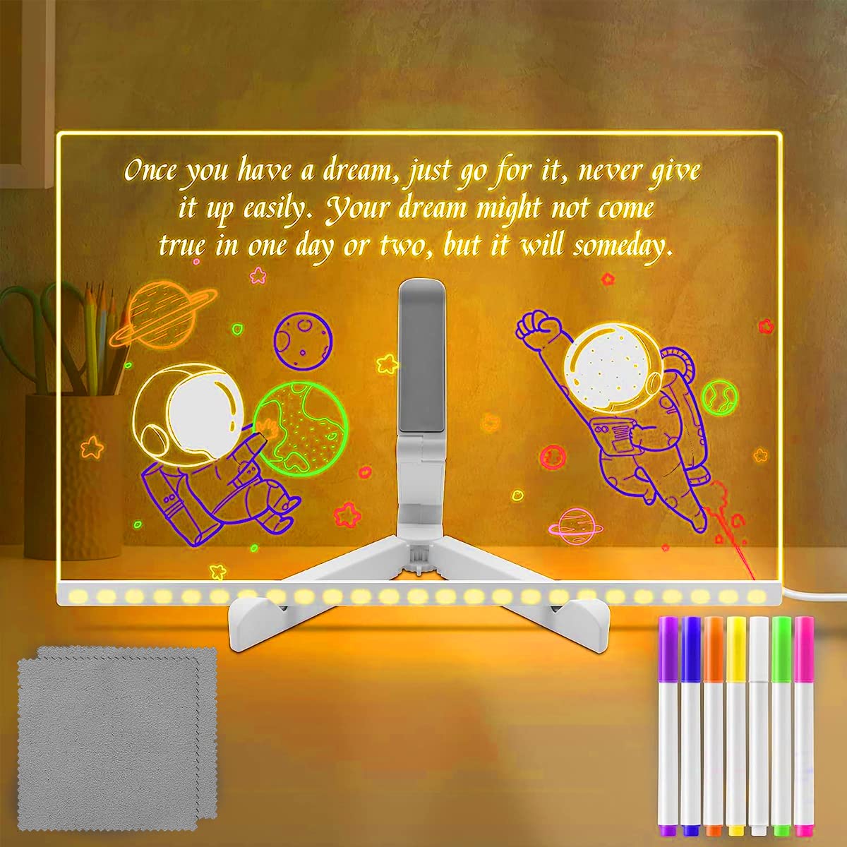 Climberty 3D Acrylic Writing Board with 7 Color Pen, 11.8'' X 7.9'' Light up Dry Erase Board with Stand, Rewritable Transparent Acrylic Writing Board for Leaving Messages, Daily Schedules, Plans Climberty 3D Acrylic Writing Board with 7 Color Pen, 11.8'' X 7.9'' Light up Dry Erase Board with Stand, Rewritable Transparent Acrylic Writing Board for Leaving Messages, Daily Schedules, Plans